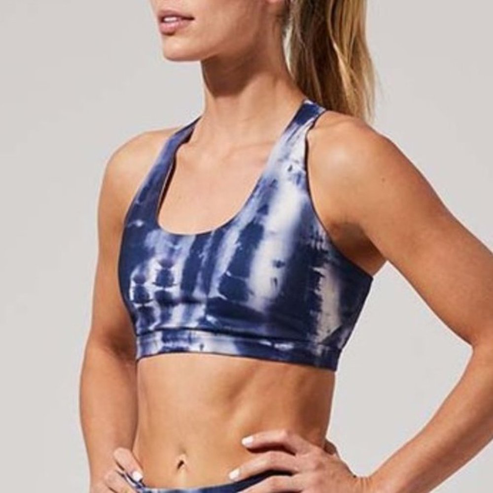 NWOT MPG Blue Tie Dye Recycled Polyester Sports Bra Medium Support Size SMALL